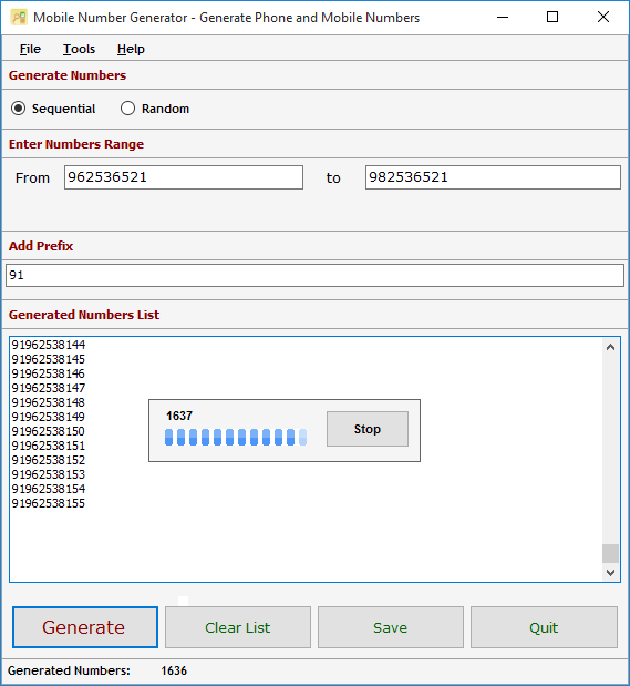 Mobile Number Generator screen shot