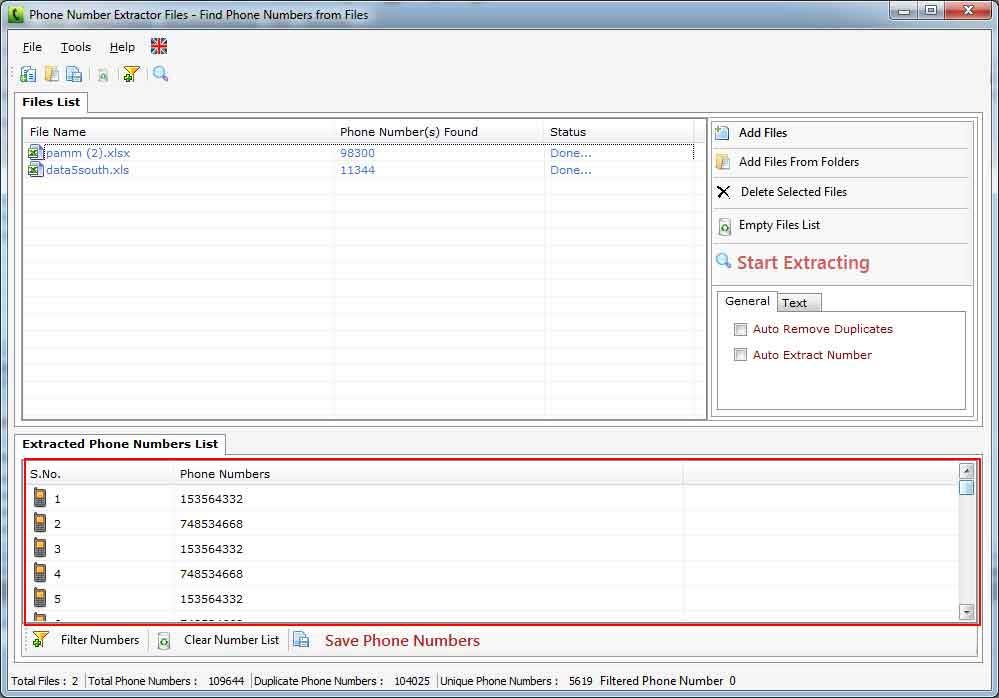 Phone Number Extractor Files screenshot